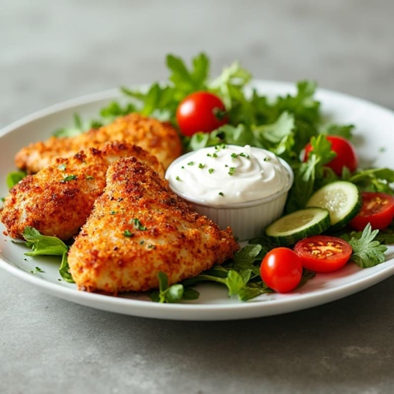 Crispy Spiced Chicken with Creamy Garlic Sauce and Fresh Chopped Salad