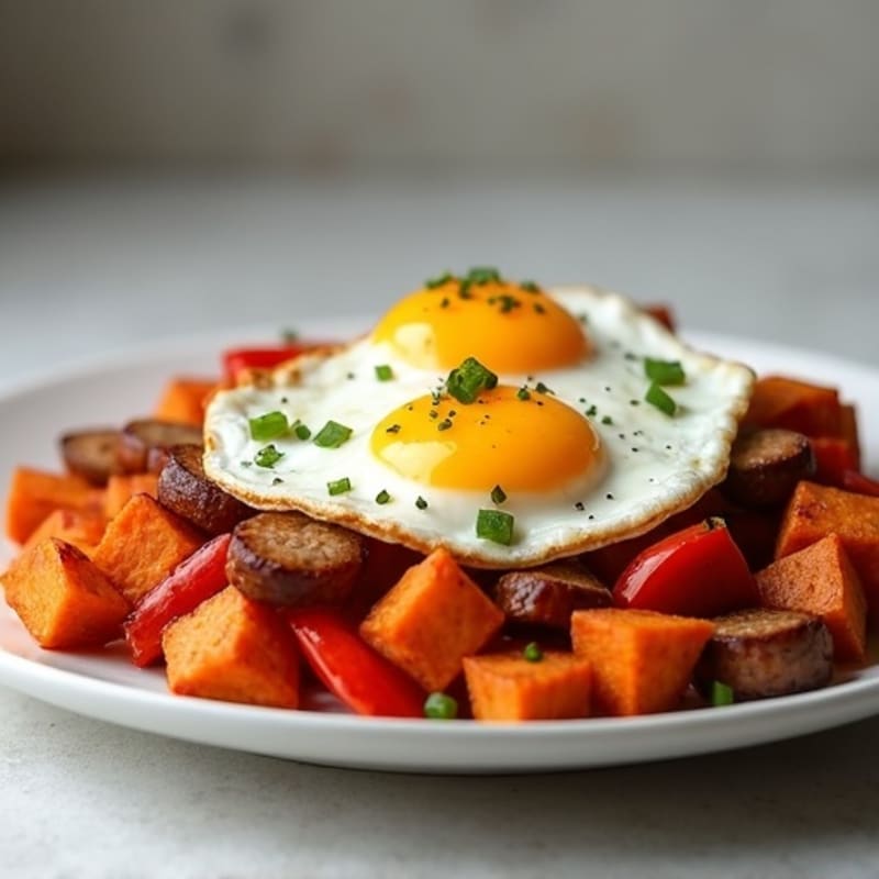 Crispy Sweet Potato and Chicken Sausage Hash with Sunny-Side Up Eggs