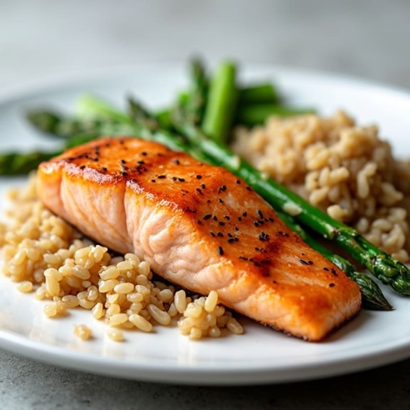 Seared Salmon with Steamed Asparagus and Brown Rice