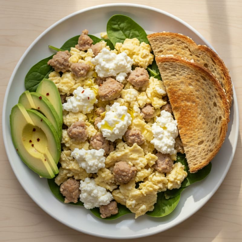 Egg White and Turkey Sausage Scramble with Cottage Cheese