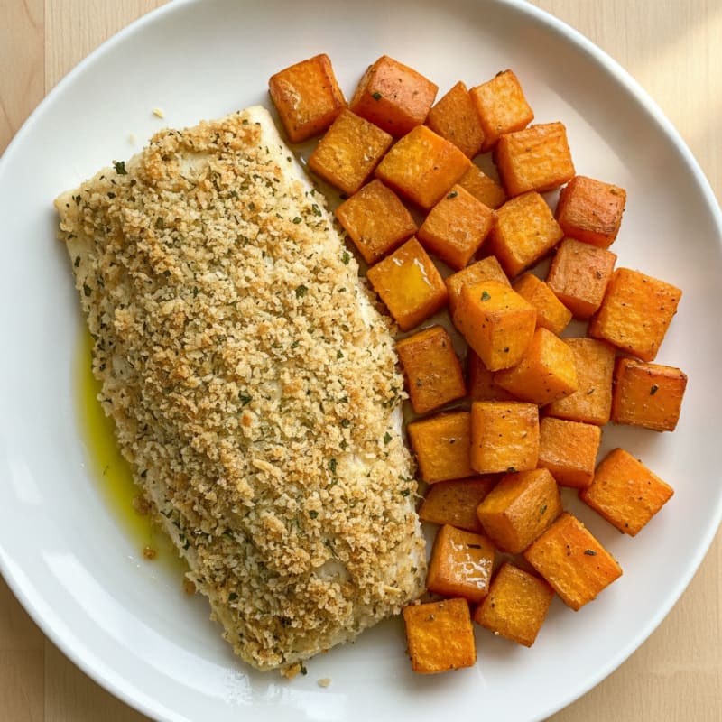 Baked Herb-Crusted Cod with Roasted Sweet Potatoes