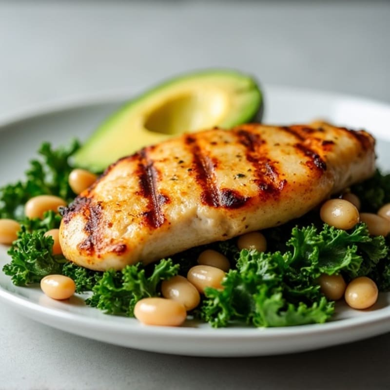 Grilled Chicken Breast with Crunchy Kale Salad and White Beans