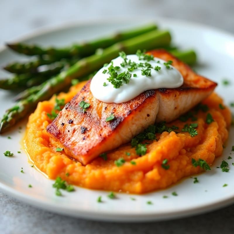 Seared Salmon with Steamed Asparagus and Sweet Potato Mash