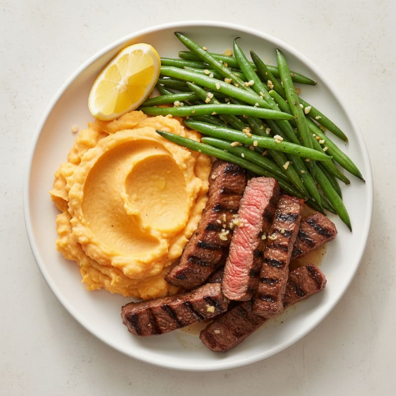 Seared Lean Beef Strips with Garlic Green Beans and Sweet Potato Mash