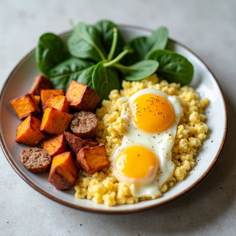 Fluffy Egg Scramble with Roasted Sweet Potato and Fresh Spinach