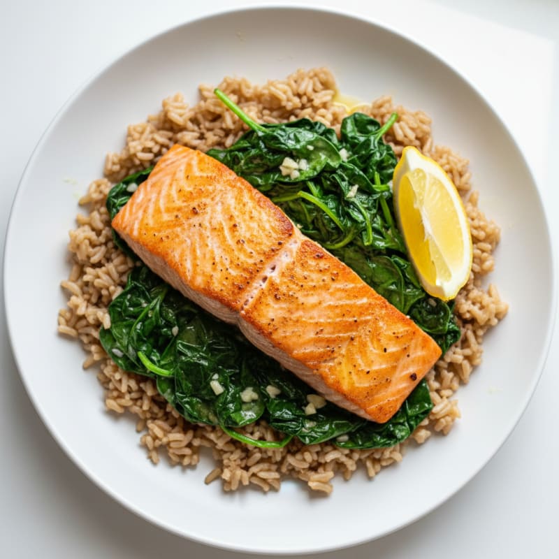 Seared Salmon with Garlic Spinach and Brown Rice