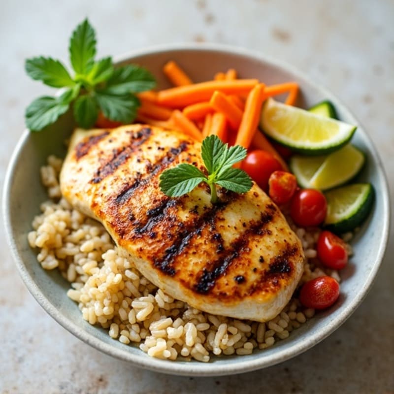 Grilled Chicken Taco Bowl with Zucchini, Peppers, and Carrot Slaw