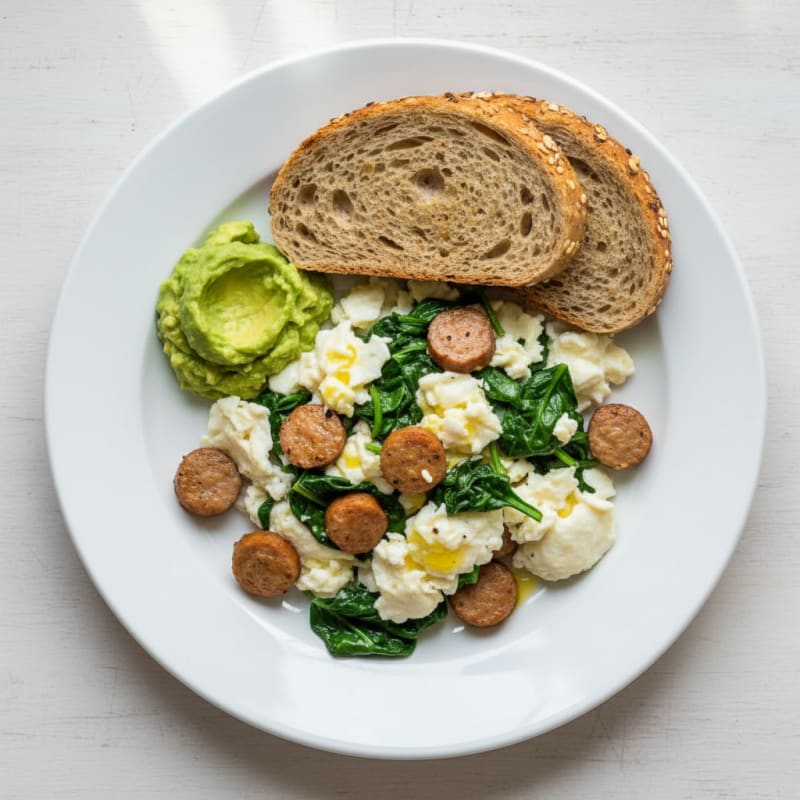 Scrambled Egg Whites with Turkey Sausage and Sautéed Spinach