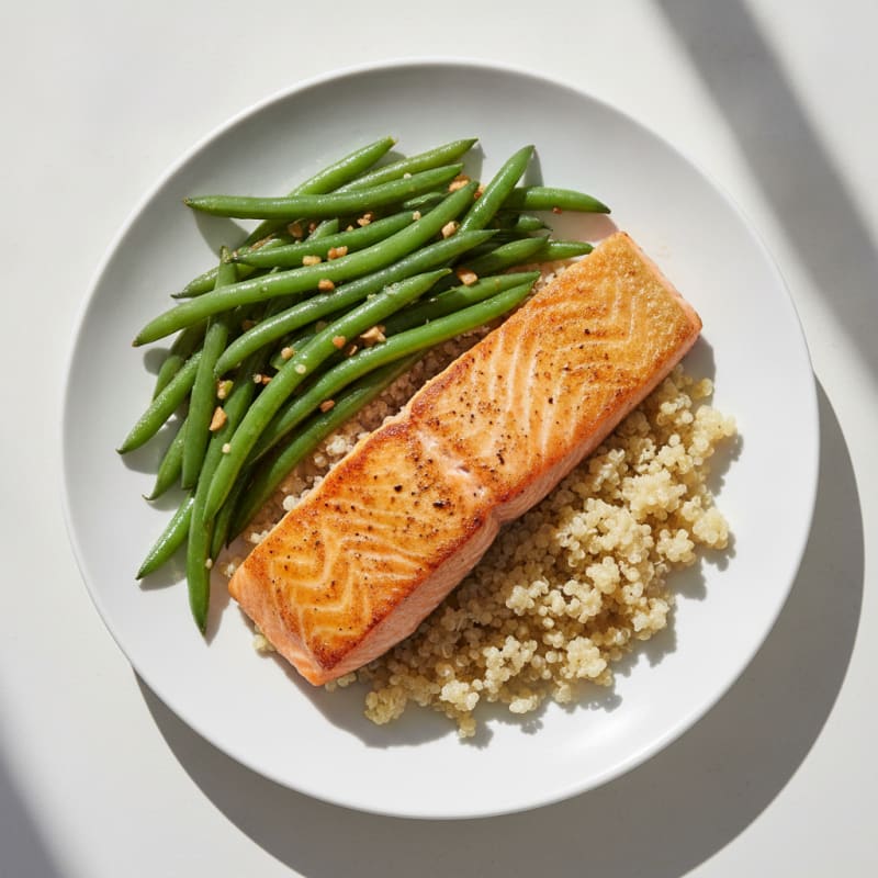 Seared Salmon Fillet with Garlic Green Beans and Quinoa