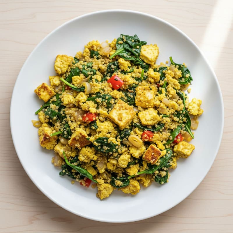Silky Tofu Scramble with Sautéed Spinach and Quinoa