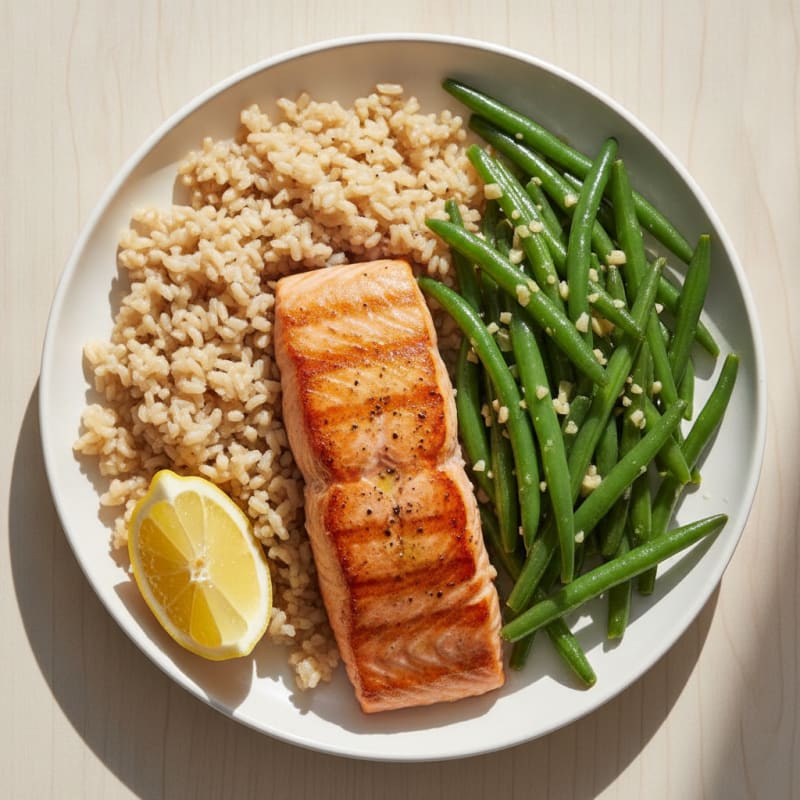 Seared Salmon Fillet with Garlic Green Beans and Brown Rice