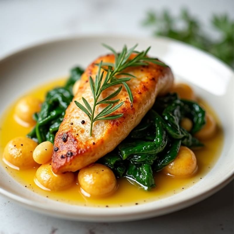 Pan-Seared Sweet Potato Gnocchi with Lemon-Herb Chicken and Sautéed Spinach