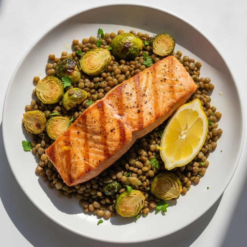 Seared Salmon Fillet with Roasted Brussels Sprouts and Lentils