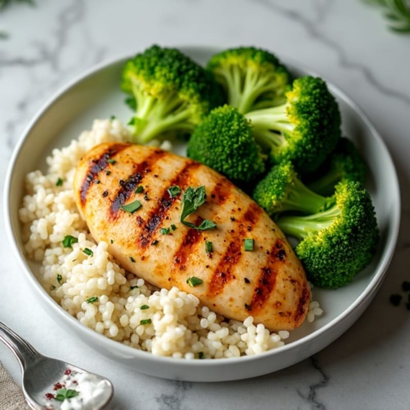 Grilled Chicken Breast with Herb Rice and Steamed Broccoli