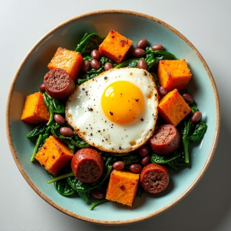 Crispy Sweet Potato and Egg Hash with Sautéed Greens