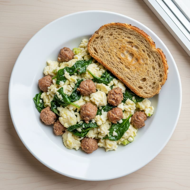 Egg White and Spinach Scramble with Turkey Sausage