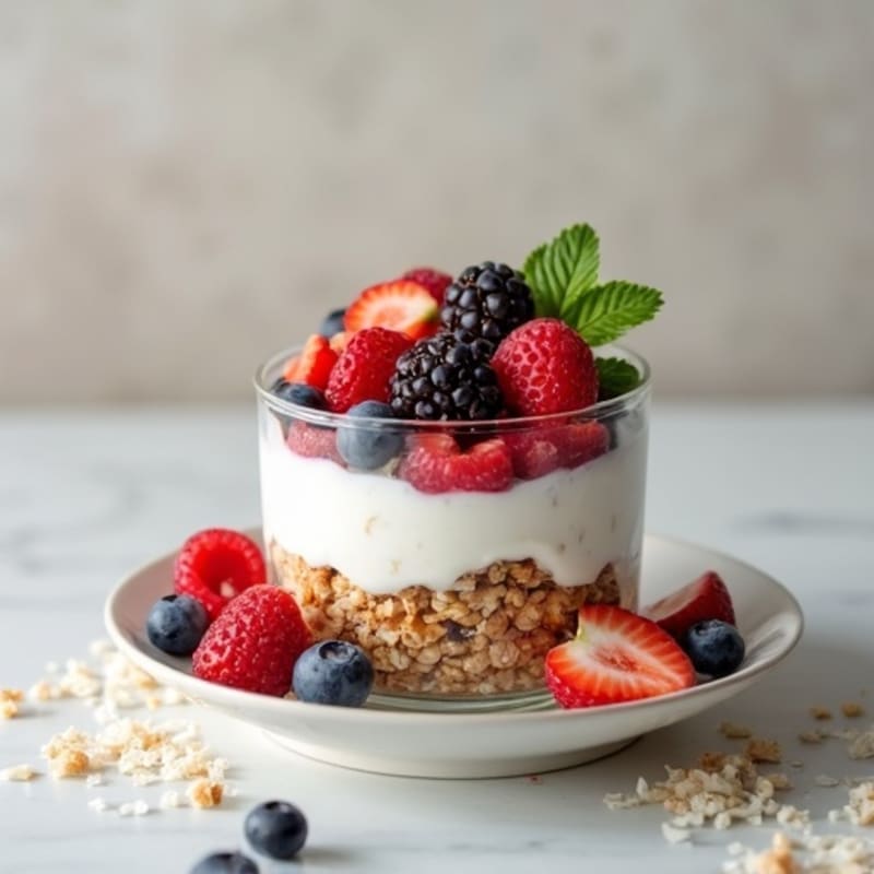 Greek Yogurt Parfait with Crunchy Almond Granola and Fresh Berries