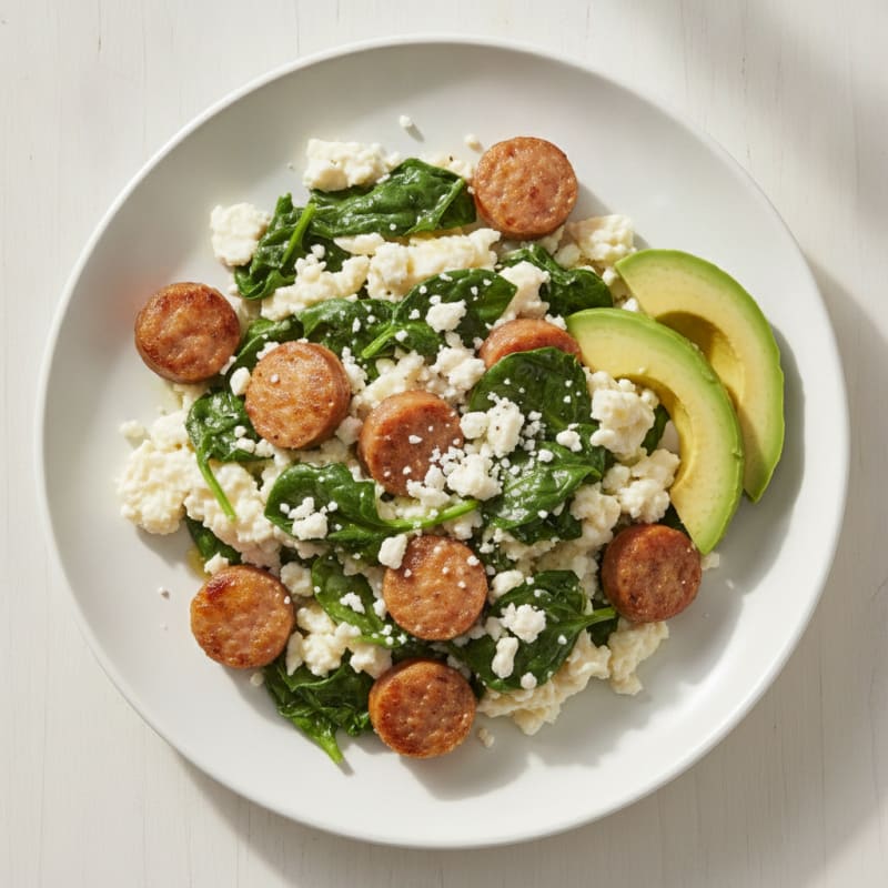 Egg White and Turkey Sausage Scramble with Sautéed Spinach