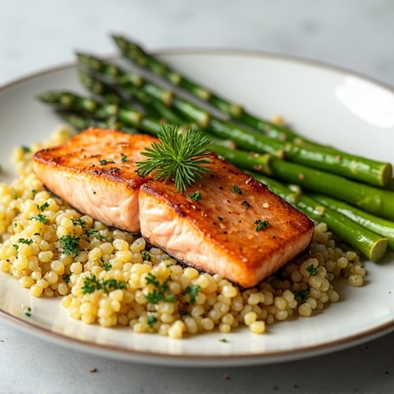Flaky Pan-Seared Salmon with Lemon-Herb Quinoa and Roasted Asparagus
