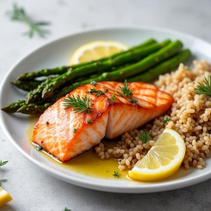 Seared Salmon Fillet with Steamed Asparagus and Brown Rice