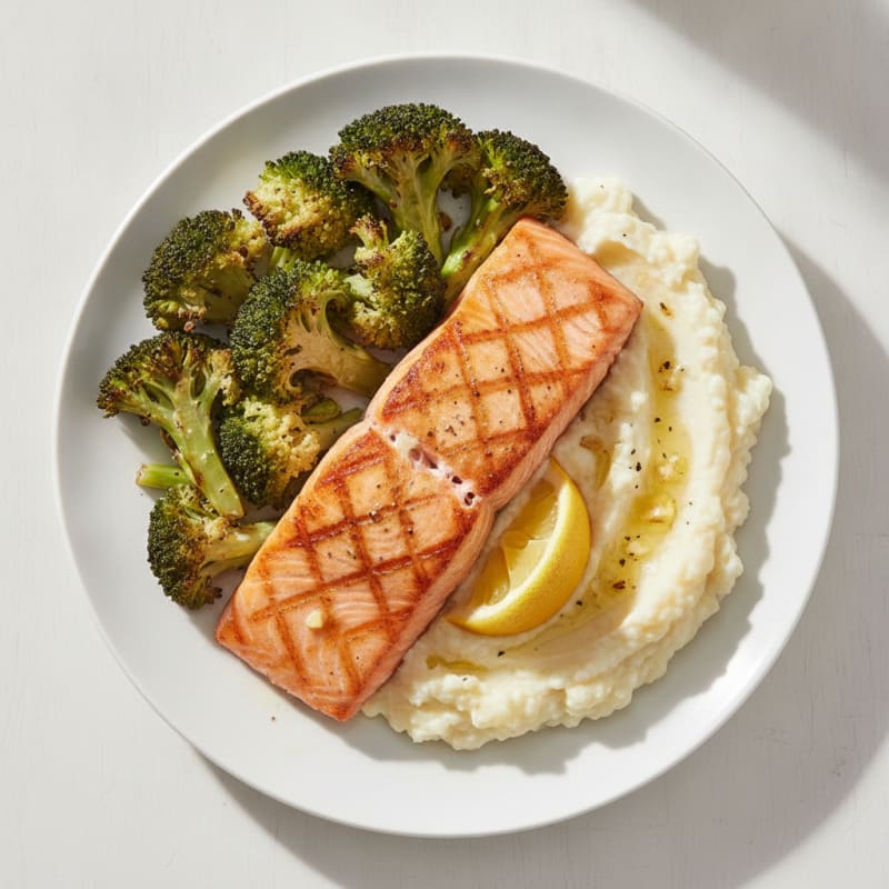 Seared Salmon with Roasted Broccoli and Garlic Mashed Cauliflower
