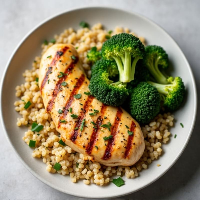 Grilled Lemon Herb Chicken with Quinoa and Steamed Broccoli
