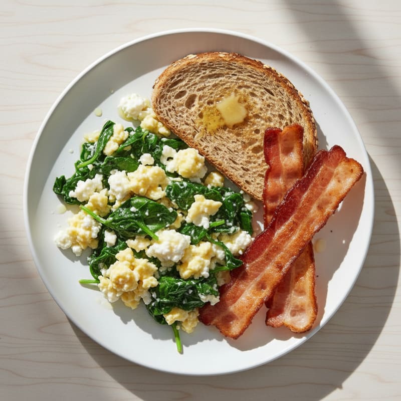 Cottage Cheese Scramble with Spinach and Turkey Bacon