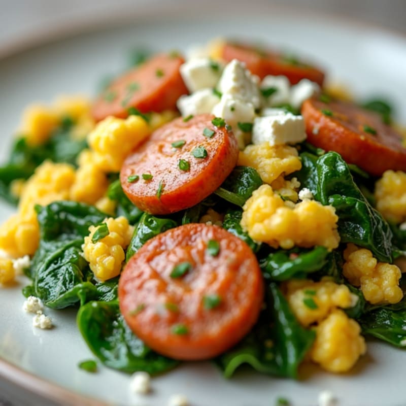 Scrambled Eggs with Chicken Sausage and Spinach