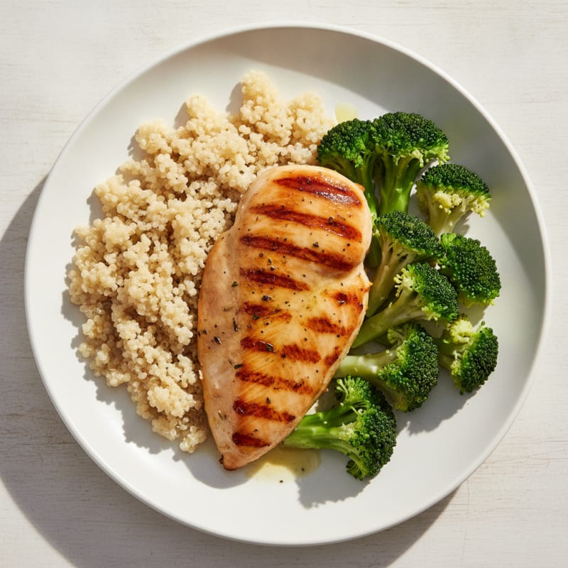 Grilled Lemon Chicken Breast with Quinoa and Steamed Broccoli