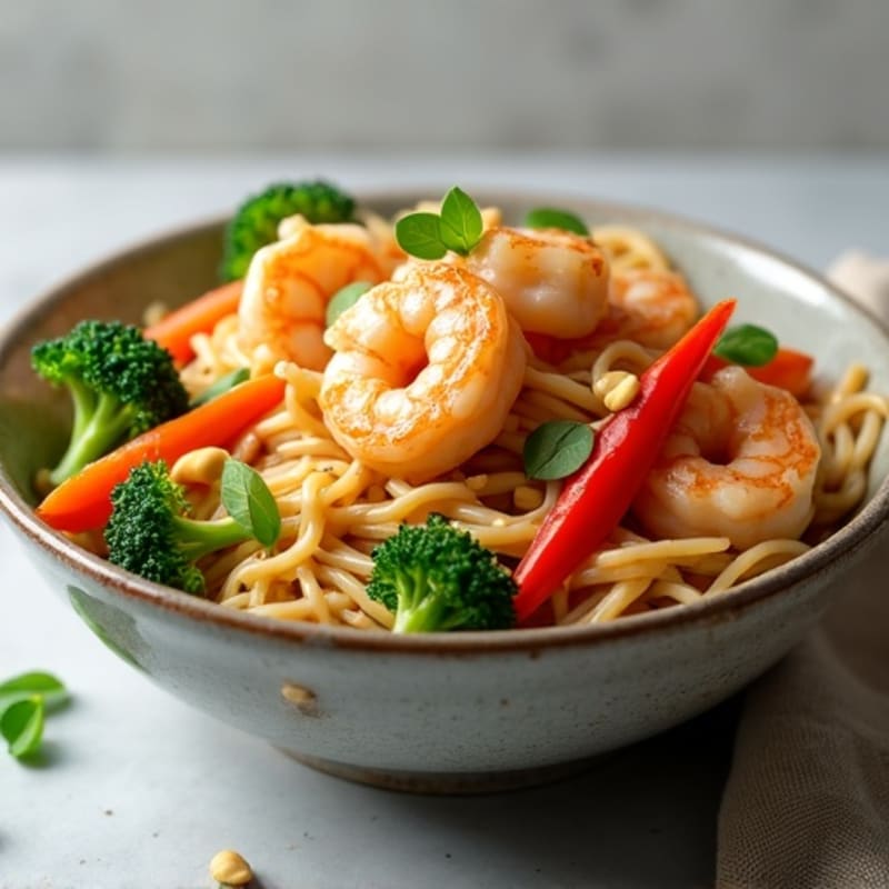 Shrimp Stir-Fried Noodles with Creamy Peanut Sauce and Fresh Vegetables
