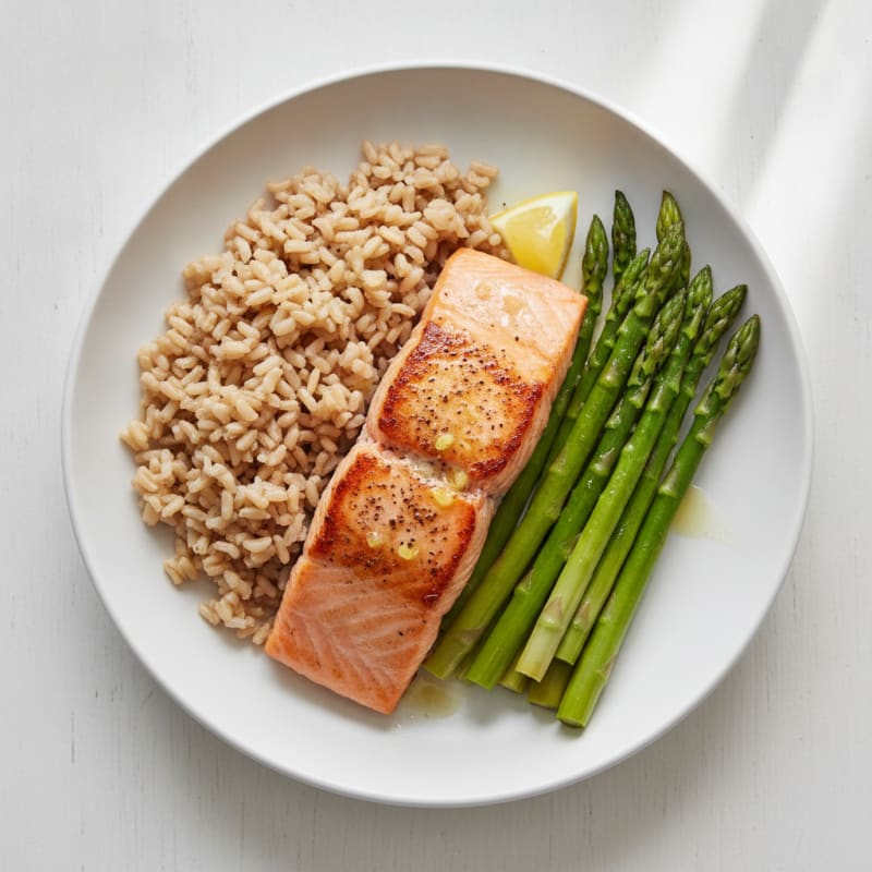 Seared Salmon with Steamed Asparagus and Brown Rice