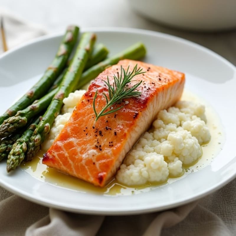 Seared Salmon with Creamy Cauliflower Mash and Roasted Asparagus