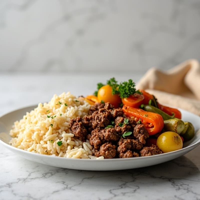 Lean Ground Beef with Fluffy Rice and Roasted Vegetables
