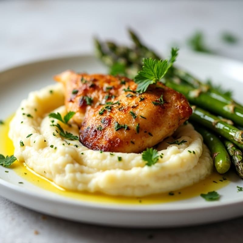 Garlic Herb Roasted Chicken with Creamy Garlic Mashed Potatoes and Roasted Asparagus