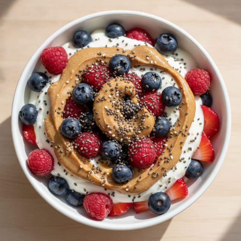 Greek Yogurt and Berry Parfait with Almond Butter and Chia Seeds