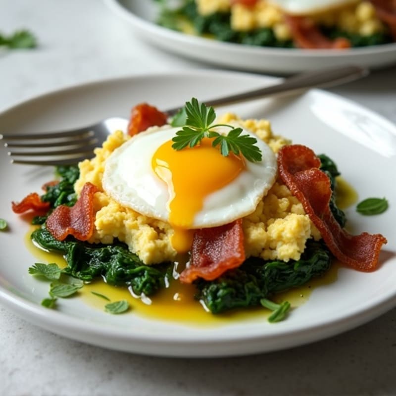 Cottage Cheese and Egg White Scramble with Sautéed Spinach and Turkey Bacon