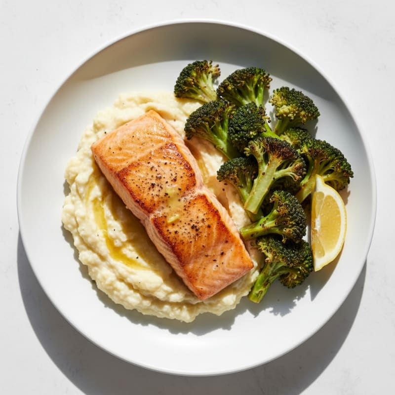 Seared Salmon Fillet with Roasted Broccoli and Garlic Mashed Cauliflower