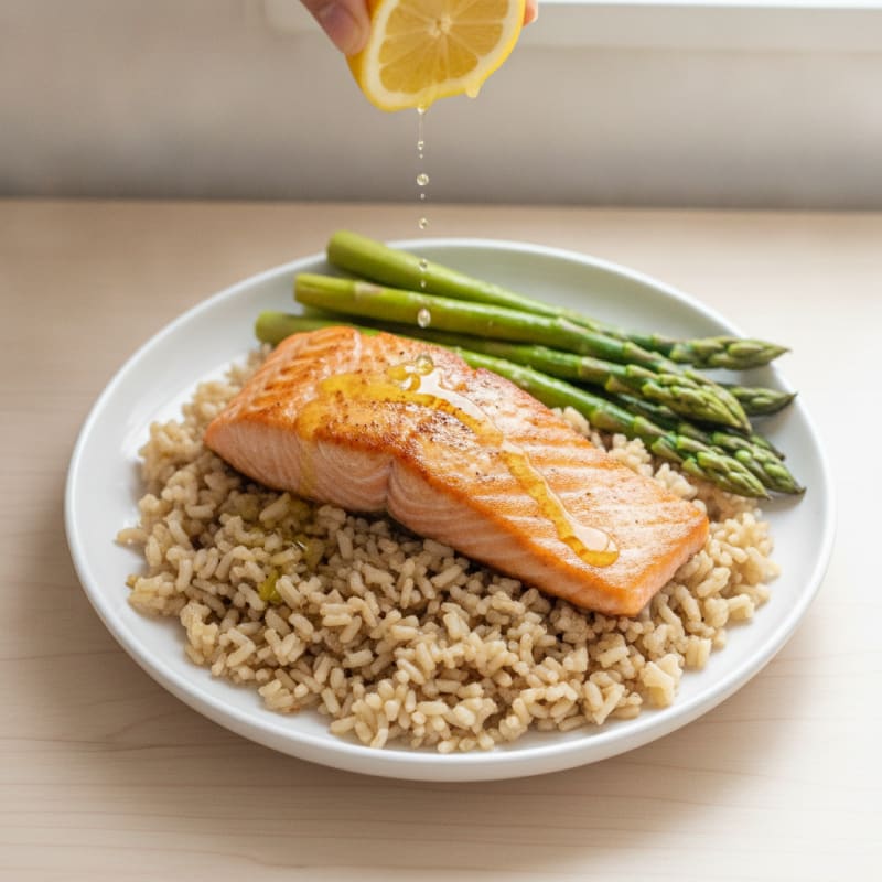 Seared Salmon Fillet with Steamed Asparagus and Brown Rice