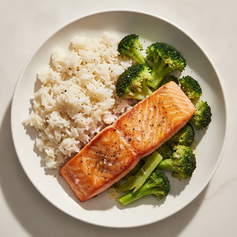 Pan Seared Salmon with Steamed Broccoli and Basmati Rice