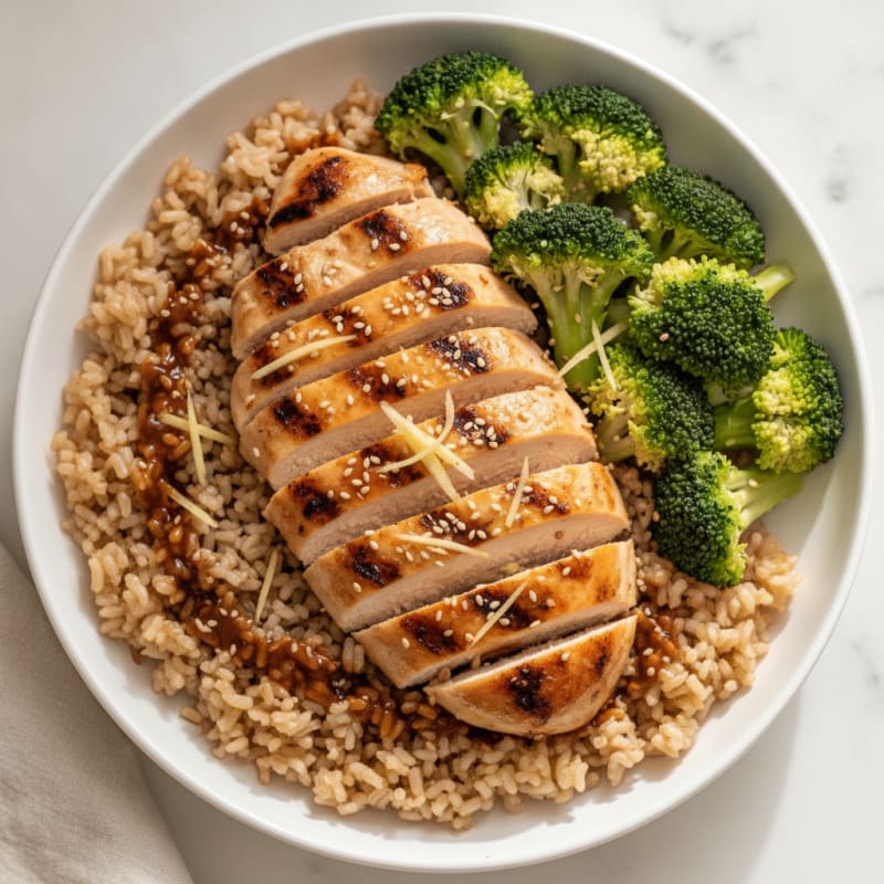Sesame-Ginger Grilled Chicken Bowl with Steamed Broccoli and Brown Rice