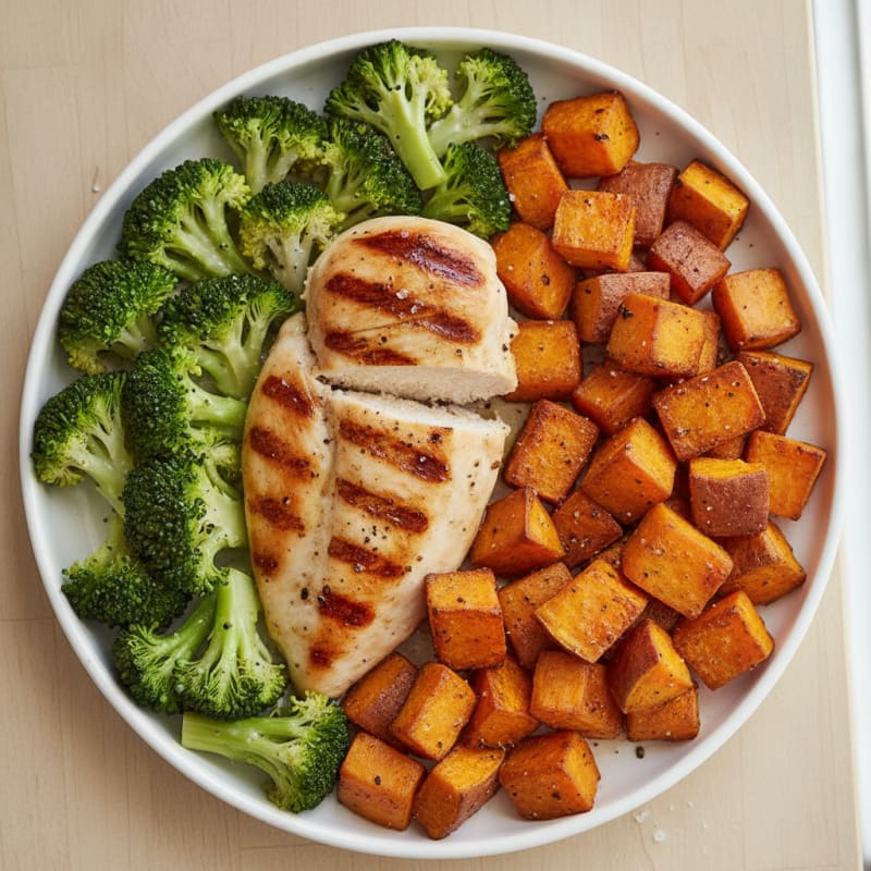 Grilled Chicken Breast with Roasted Sweet Potato and Steamed Broccoli