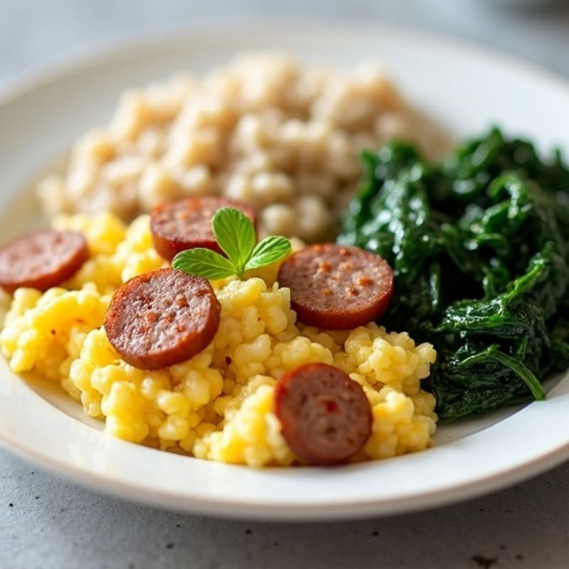 Egg White Scramble with Turkey Sausage, Sautéed Spinach & Oatmeal
