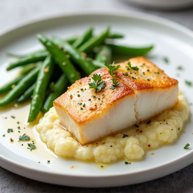 Seared Cod with Garlic Green Beans and Cauliflower Mash