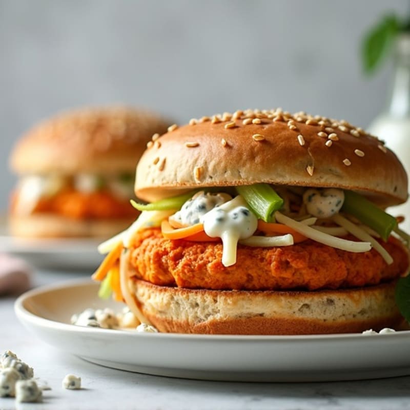 Buffalo Chicken Burgers with Crispy Celery Slaw and Creamy Blue Cheese Dressing