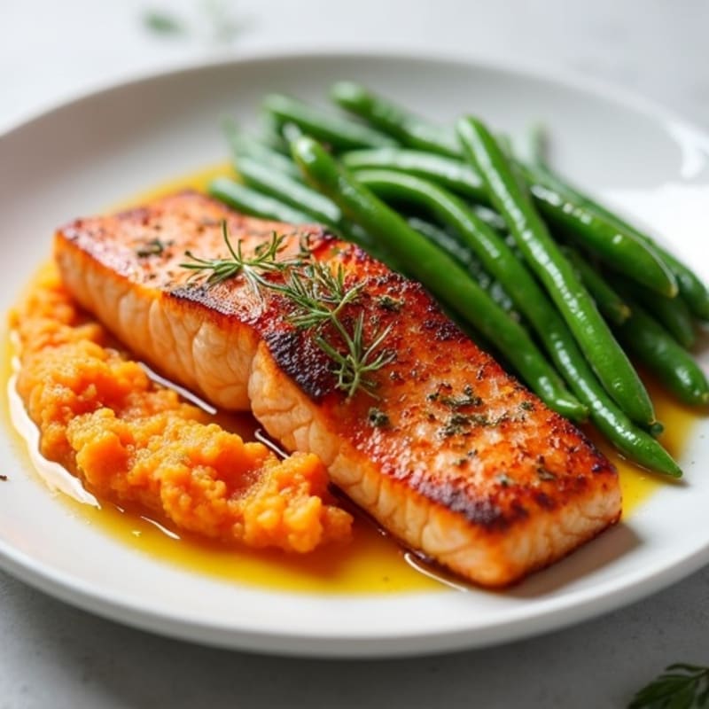 Seared Salmon Fillet with Garlic Green Beans and Sweet Potato Mash