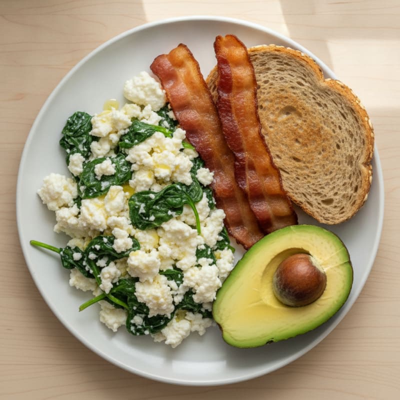 Egg White and Cottage Cheese Scramble with Spinach and Turkey Bacon