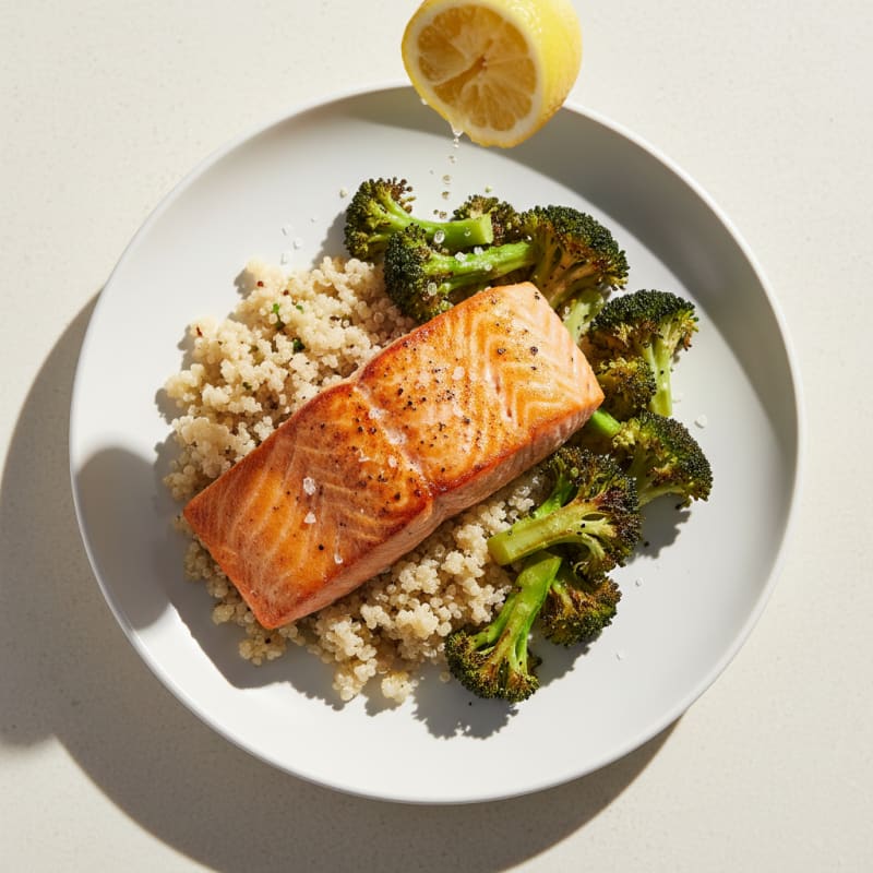 Seared Salmon with Roasted Broccoli and Quinoa