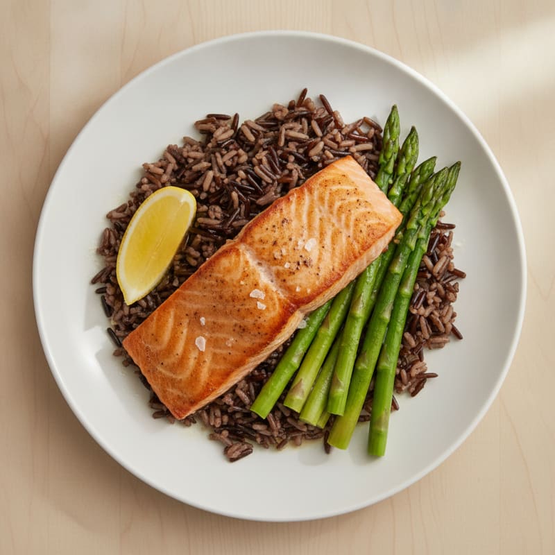 Seared Salmon with Steamed Asparagus and Wild Rice