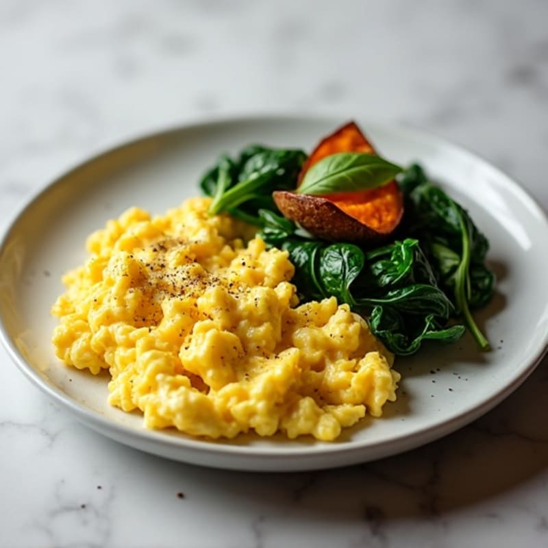 Scrambled Eggs with Spinach and Roasted Sweet Potatoes