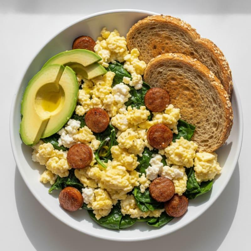 Cottage Cheese Scramble with Turkey Sausage and Spinach